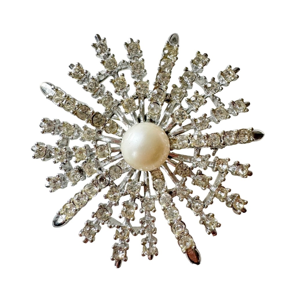 Vintage Judy Lee Diamante Rhinestone Starburst Faux Pearl Statement Brooch Retro